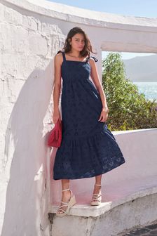 Navy Blue Broderie Maxi Summer Dress (U09697) | £49