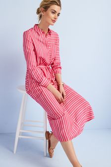 Pink/White Stripe Belted Midi Shirt Dress (U10617) | £40