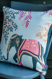 Sara Miller Blue Embroidered Oasis Elephants Cushion