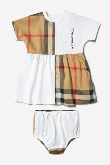Burberry Kids Baby Girls White Check Panel Cotton Dress with Bloomers