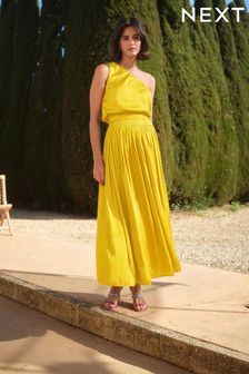 Yellow Satin One Shoulder Pleated Midi Dress (U10876) | £65
