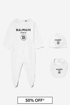 Balmain Baby Boys White Cotton Babygrow 3 Piece Gift Set