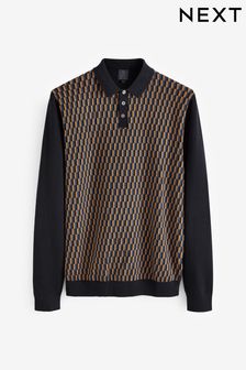 Navy Blue Geo Long Sleeve Knitted Polo Shirt (U12311) | £34