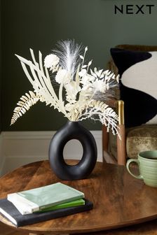 Cream Artificial Dried Flowers in Black Donut Vase