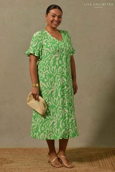 Live Unlimited Curve Green Print Button Through Dress With Shirring (U12920) | £79