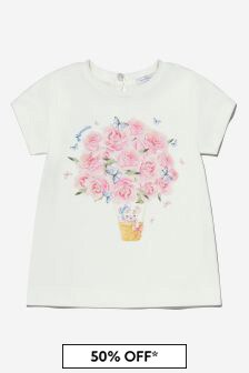 Monnalisa Baby Girls Cotton Teddy And Roses T-Shirt in Cream