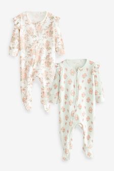 Cream/Mint Green Floral 2 Pack Zip Baby Sleepsuits (0mths-2yrs) (U15491) | £15 - £19