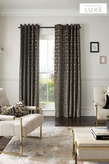 Charcoal Grey Collection Luxe Fretwork Velvet Eyelet Lined Curtains