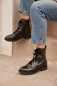 Black Regular/Wide Fit Leather Chunky Lace-Up Boots (U15651) | £65