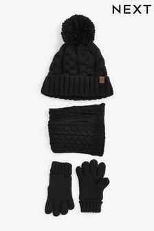 Black JuzsportsShops 3 Piece Knitted Hat, Gloves and Scarf Set (3-16yrs) (U15842) | £16 - £19