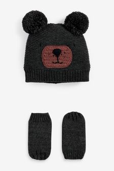 Charcoal Grey Bear Hat And Mittens Set (3mths-10yrs) (U15893) | £12 - £13