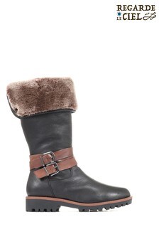Regarde Le Ciel Black Nika Tall Leather Boots with Buckles