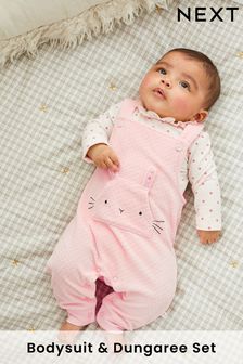 Baby Pink Character Bunny 2 Piece Velour Dungarees And Bodysuit Set (0mths-2yrs) (U16344) | £18 - £20