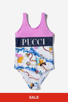 Emilio Pucci Girls Patterned Logo Swimsuit in Multicoloured
