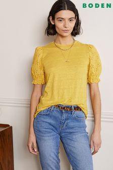 Boden Yellow Broderie Sleeve Linen T-Shirt