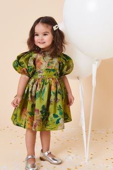Olive Green Floral Print Taffeta Dress (3mths-8yrs) (U18857) | £40 - £46