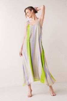 Satin Painterly Stripe Print Midi Dress