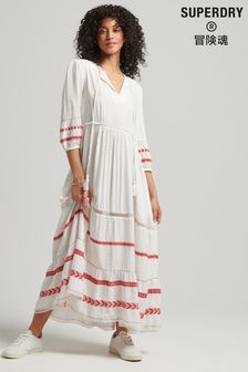 Superdry Cream Vintage Woven Embroidered Long Sleeve Maxi Summer Dress (U19594) | £85