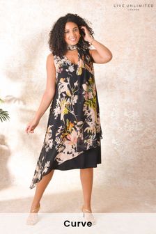 Live Unlimited Black Curve Floral Print Tie Neck Overlay Dress (U20118) | £129