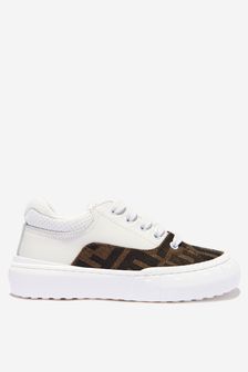 Fendi Kids Unisex Leather And Canvas Logo Trainers in Black