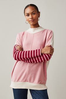 Blush Pink Stripe Sleeve Cosy Lightweight Longline Jumper (U20562) | £28