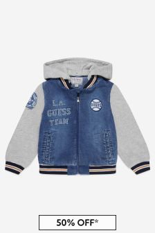 Guess Boys Cotton Denim Hooded Zip Up Jacket in Blue