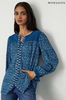 Monsoon Blue Paisley Print Embellished Jersey Top