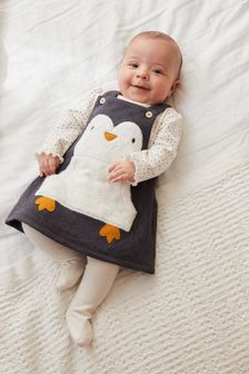 Grey Penguin Baby Pinafore Dress And Bodysuit Set (0mths-2yrs) (U22039) | £16 - £18