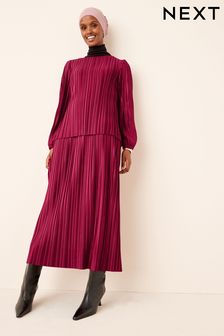 Raspberry Pink Satin Plissé Layered Longline Dress (U22448) | £72