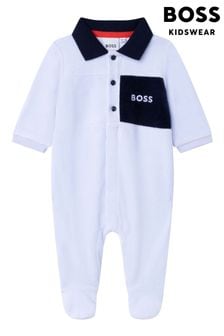 BOSS Baby Pale Blue Velour Logo Sleepsuit (U22492) | £65