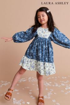 Blue/White Mixed Print Tiered Dress