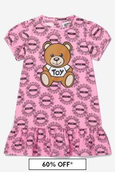 Moschino Kids Baby Girls Cotton Logo Circle Teddy Toy Dress in Pink