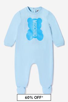 Moschino Kids Baby Boys Cotton Teddy Bear Logo Babygrow in Blue