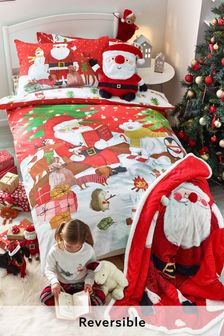 Red 100% Cotton Christmas Santa And Friends Duvet Cover And Pillowcase Set (U23805) | £22 - £42