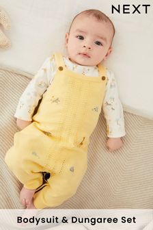 Lemon Yellow Animal Embroidery Baby Knitted Dungarees And Bodysuit (0mths-2yrs) (U24088) | £24 - £26