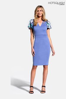 HotSquash Womens Blue Ponte Dress with Chiffon Sleeves