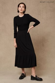 Mint Velvet Black Shirred Midi Dress