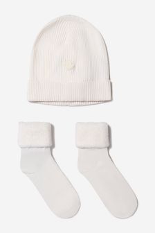 Moncler Enfant Baby Unisex Hat And Socks Set in White