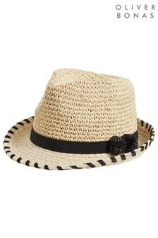Oliver Bonas Women Brown Whipstitch Trilby Black Straw Hat