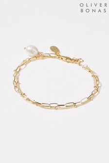 Oliver Bonas Coraline White Double Row & Pearl Drop Gold Plated Brass Bracelet