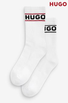 HUGO Womens White Rib Logo Socks 2 Pack