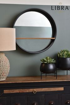 Libra Black Black Kempsey Round Mirror With Wooden Shelf