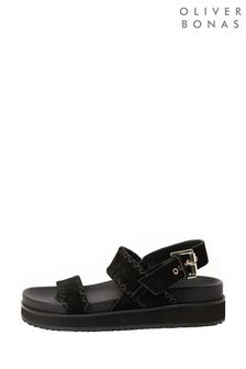Oliver Bonas Black Whipstitch Leather Flatform Sandals