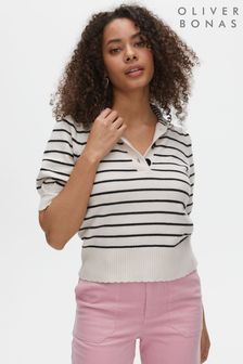 Oliver Bonas White Stripe Button Collar Ivory Knitted Top
