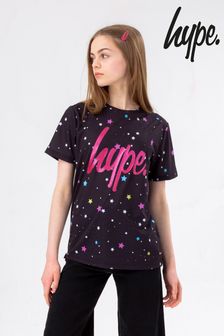 Hype. Black Multi Star Glitter Script T-Shirt