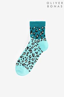 Oliver Bonas Teal Blue Animal Spot Half & Half Ankle Socks