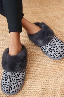 Ladies Crossover Faux Fur Slippers Warm Open Toe Non-Slip Hard Sole Indoor Shoes in Black Grey Pink Navy Womens UK 3-8 