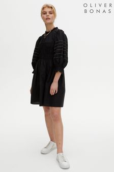 Oliver Bonas Black Shirred Contrast Stitch Mini Dress