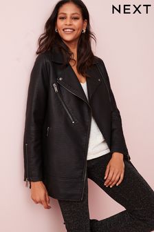 Black Longline Faux Leather Biker Jacket (U34429) | £75