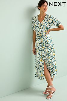 Blue/Yellow Linen Blend Button Down Printed Midi Dress (U35321) | £52